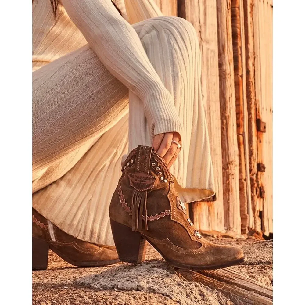 El Vaquero Women’s Pecos Ankle Boots Brown Leather Fringe Studded Size 41 Boho